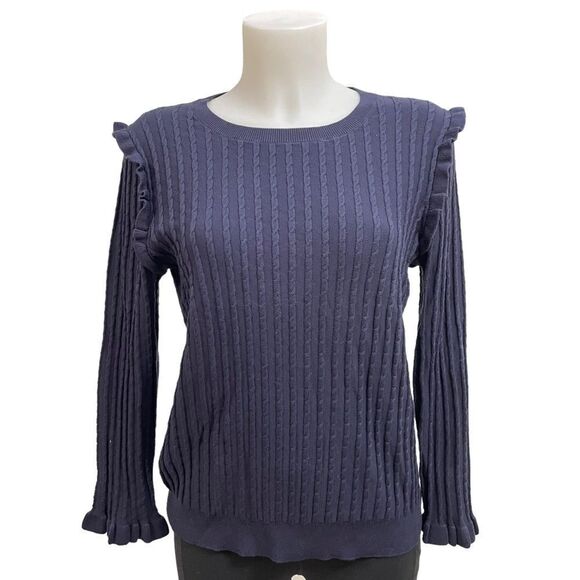 ANN TAYLOR Silk Blend Cable Knit Ruffled Sweater Round‎ Neck Navy blue sz large - Picture 1 of 9